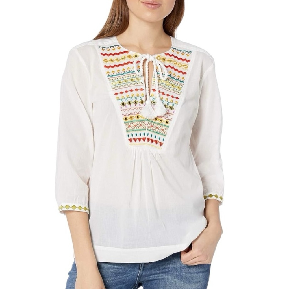 Trina Turk Renzo White Embroidered Zigzag Mirror Sequin Tie Neck Blouse - M